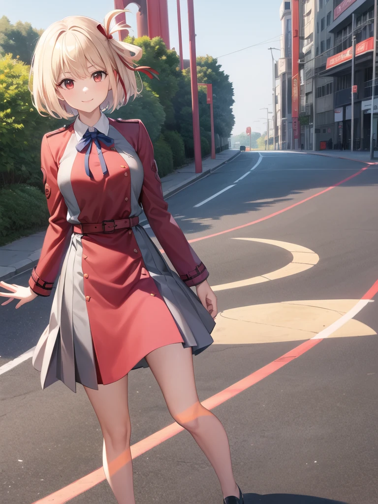 masterpiece, best quality, highres, aachisato, short hair, hair ribbon, breasts, neck ribbon, collared shirt, lycoris uniform, two-tone dress, red dress, grey dress, long sleeves, red belt, waving, smile, amusement park, standing