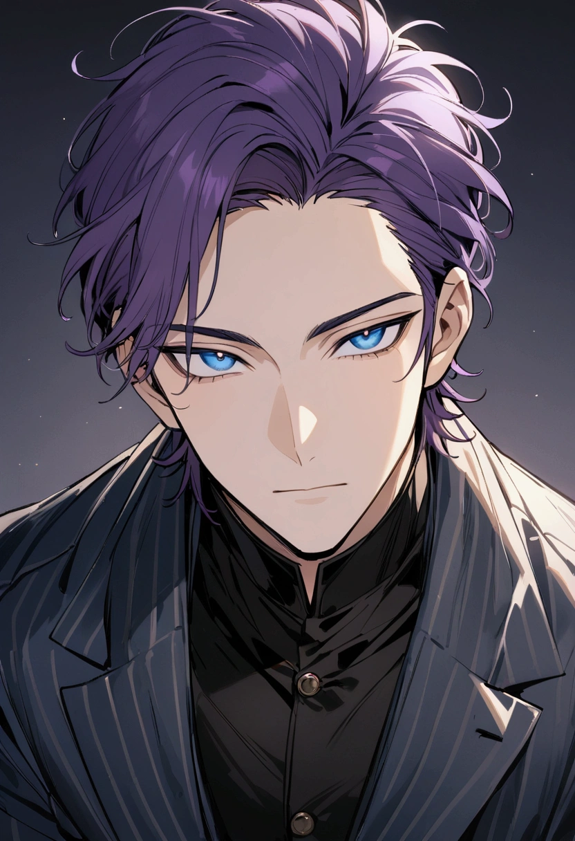 whole body、Character portrait、male、masterpiece、Handsome、The forehead is visible、1 man,  purple Hair、Worn suit、Jacket、Give bangs、Showing his forehead、Handsome、Intricately drawn eyes、good looking、((blue eyes)), 30 years old, handsome male