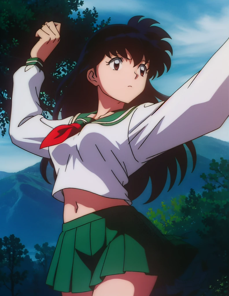 1girl, solo, outdoors, long hair, brown eyes, school uniform,(Masterpiece: 1.6, Best Quality), (Fine Beautiful Eyes: 1.2), (best quality, masterpiece, higher), green school uniform, soft thighs , long sleeves, white socks, scenery , Best Quality, ((anime)) ((Colored)) HD, Kagome Higurashi ,school uniforms, Standing, Green skirt, Red scarf, long hair, Black hair between the eyes, Thighs are soft, school background , black hair, skirt ,standing, green skirt, serafuku, belly button, navel, stretching, both arms up high