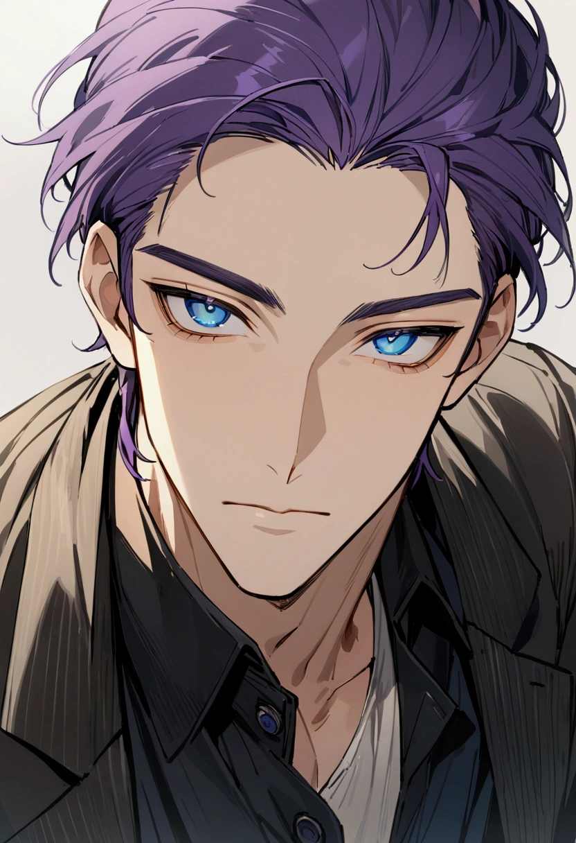 whole body、Character portrait、male、masterpiece、Handsome、The forehead is visible、1 man,  purple Hair、Worn suit、Jacket、Give bangs、Showing his forehead、Handsome、Intricately drawn eyes、good looking、((blue eyes)), 30 years old, handsome male