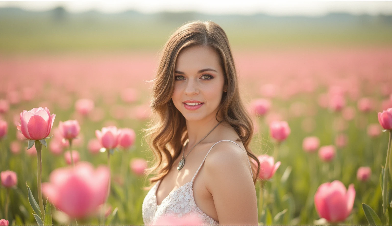 Best quality, masterpiece, ultra high resolution (photorealistic: 1.4), raw photo, 1 girl, white dress, bare shoulders, field of pink flowers in bloom, glowing skin, slight smile