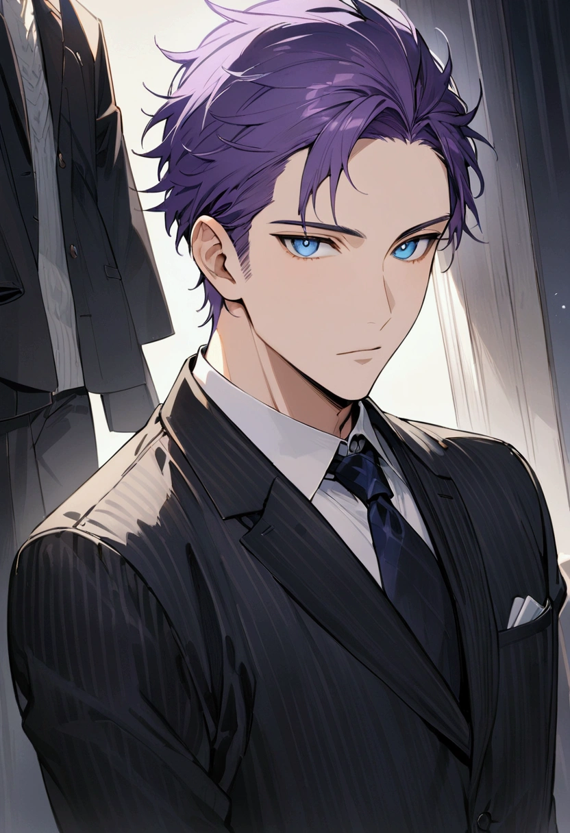 whole body、Character portrait、male、masterpiece、Handsome、The forehead is visible、1 man,  purple Hair、Worn suit、Jacket、Give bangs、Showing his forehead、Handsome、Intricately drawn eyes、good looking、((blue eyes)), 30 years old, handsome male