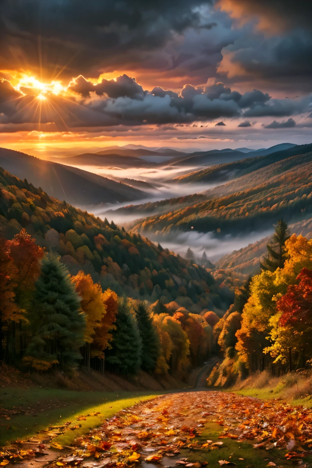 cloudy sky at autumn sunset in city, fallen leaves, forest landscape, fog, twilight, dramatic lighting, melancholic atmosphere, cinematic, digital art, vivid colors, highly detailed, masterpiec