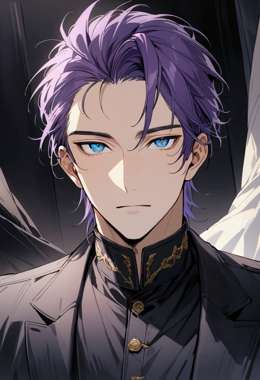 whole body、Character portrait、male、masterpiece、Handsome、The forehead is visible、1 man,  purple Hair、Worn suit、Jacket、Give bangs、Showing his forehead、Handsome、Intricately drawn eyes、good looking、((blue eyes)), 30 years old, handsome male