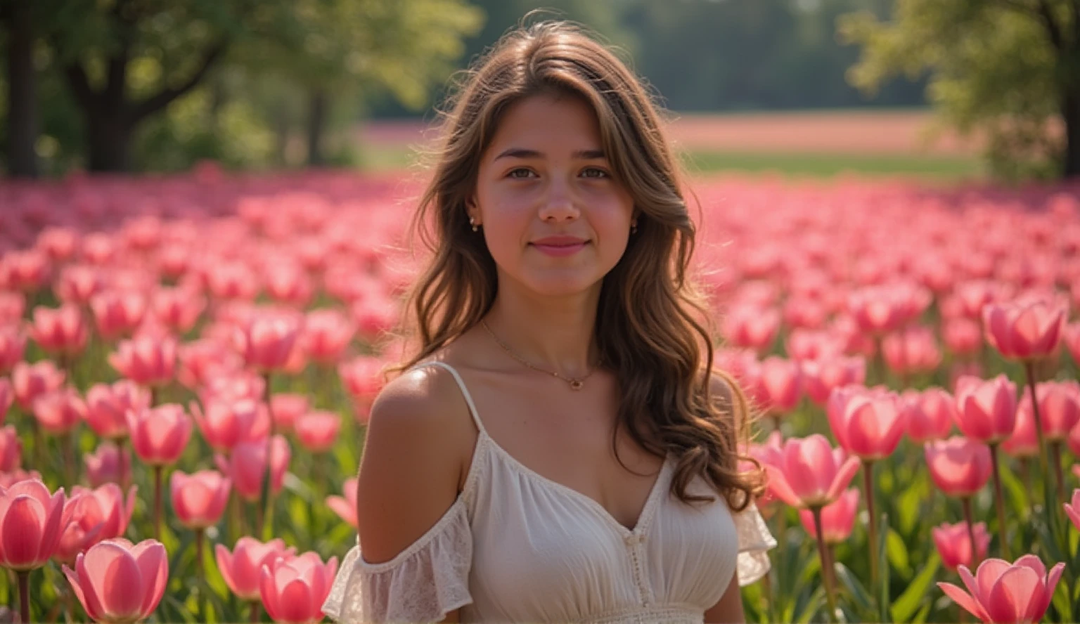 Best quality, masterpiece, ultra high resolution (photorealistic: 1.4), raw photo, 1 girl, white dress, bare shoulders, field of pink flowers in bloom, glowing skin, slight smile