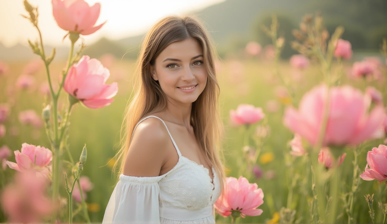 Best quality, masterpiece, ultra high resolution (photorealistic: 1.4), raw photo, 1 girl, white dress, bare shoulders, field of pink flowers in bloom, glowing skin, slight smile