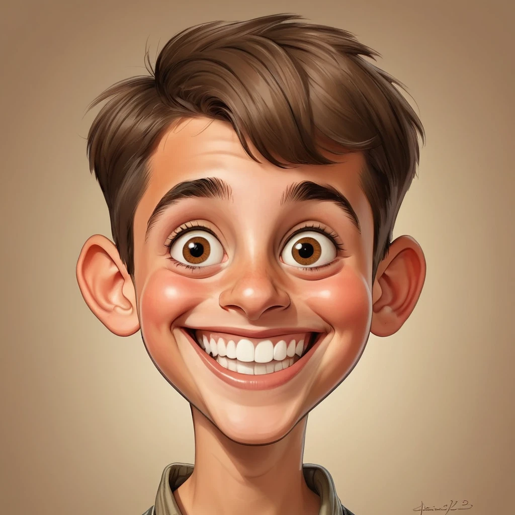 Funny caricature of a boy appearing to be fifteen years old, with a happy face, short, cropped brown hair and light brown eyes.