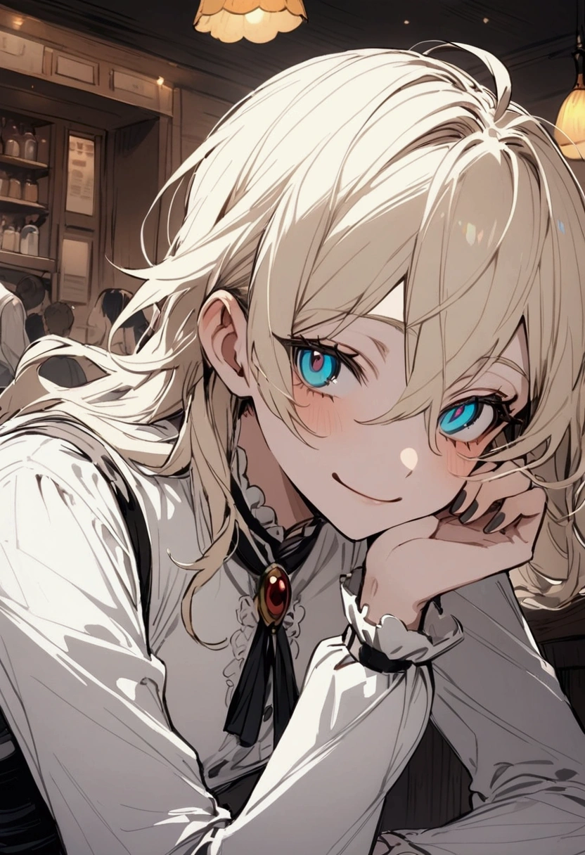 A tall anime femboy. He's flat-chested. He has long slightly wavy "coconut" colored hair and turquoise eyes turned downcast, with long lashes. He squints slightly and has a tender expression on his face, he smiles a bit, eyebrows raised upwards. You can see him up to his shoulders and he's sitting in a cafe. 