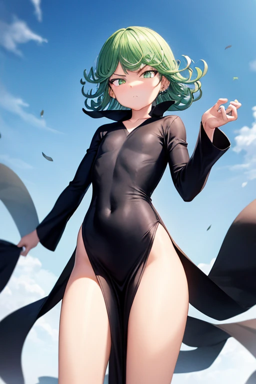 1girl, tatsumaki, flat chest, black dress, pelvic curtain, long sleeves, green eyes, glowing eyes, pouting, closed mouth, piercing gaze, standing, legs apart, from below, looking at viewer, blue sky