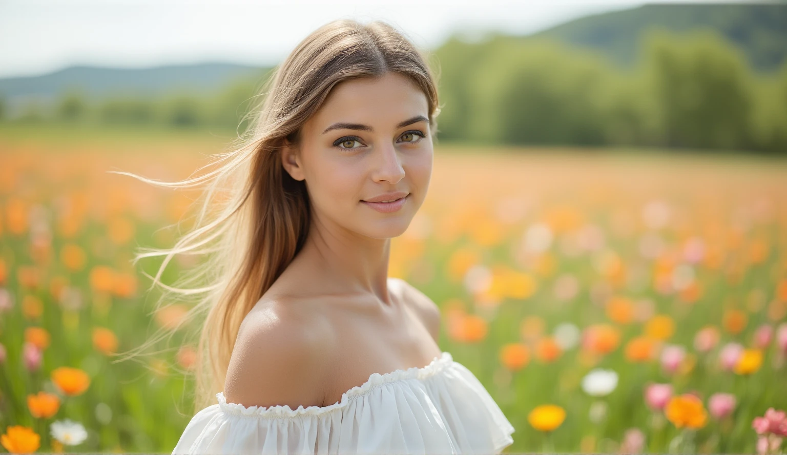 Best quality, masterpiece, award winning, ultra high resolution (photorealistic: 1.4), raw photo, young woman, white dress, bare shoulders, Spring, flowers field, glowing skin, slight smile