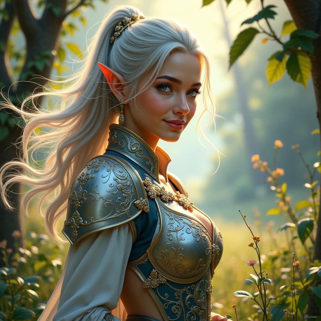 bright colors,  Girl in Elven Armor , curvy body shapes,  Perfect Anatomy , Folded in a Ponytail and Hairpin ,  Hair Curvy Thick Silver Star-colored,  Holds Elven Robot Helmet with ,  close-up,  beautiful blue eyes , Gentle Smile, Beautiful Facial Features, Complex Armor Patterns ,  Bright Glitter Polished Armor , 8 k,  complex detail , maximum quality, masterpiece, rays of the sun,  Windy Weather Drives Leaves, Grass and Tree Branches,