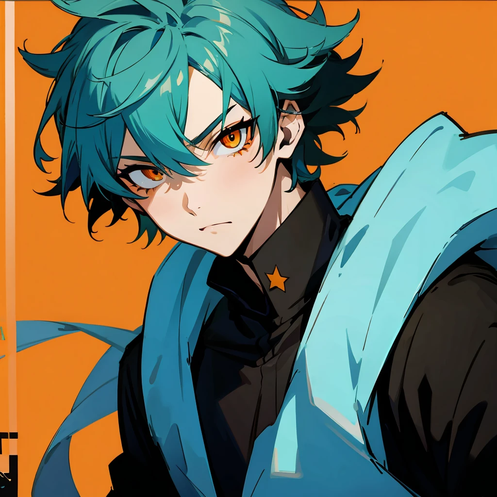 1 boy, Turquoise hair, orange eyes, black uniform, handsome, orange eye liner, high quality, high quality 