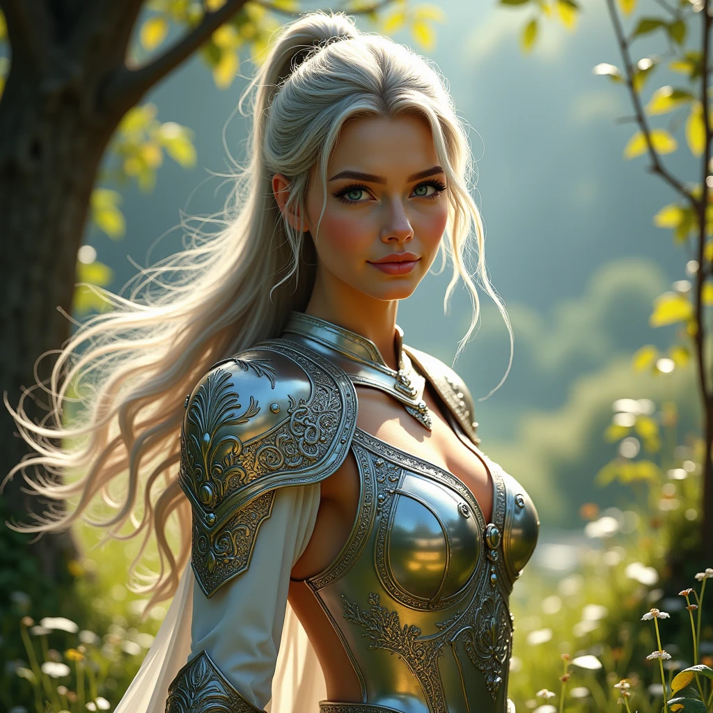 bright colors,  Girl in Elven Armor , curvy body shapes,  Perfect Anatomy , Folded in a Ponytail and Hairpin ,  Hair Curvy Thick Silver Star-colored,  Holds Elven Robot Helmet with ,  close-up,  beautiful blue eyes , Gentle Smile, Beautiful Facial Features, Complex Armor Patterns ,  Bright Glitter Polished Armor , 8 k,  complex detail , maximum quality, masterpiece, rays of the sun,  Windy Weather Drives Leaves, Grass and Tree Branches,
