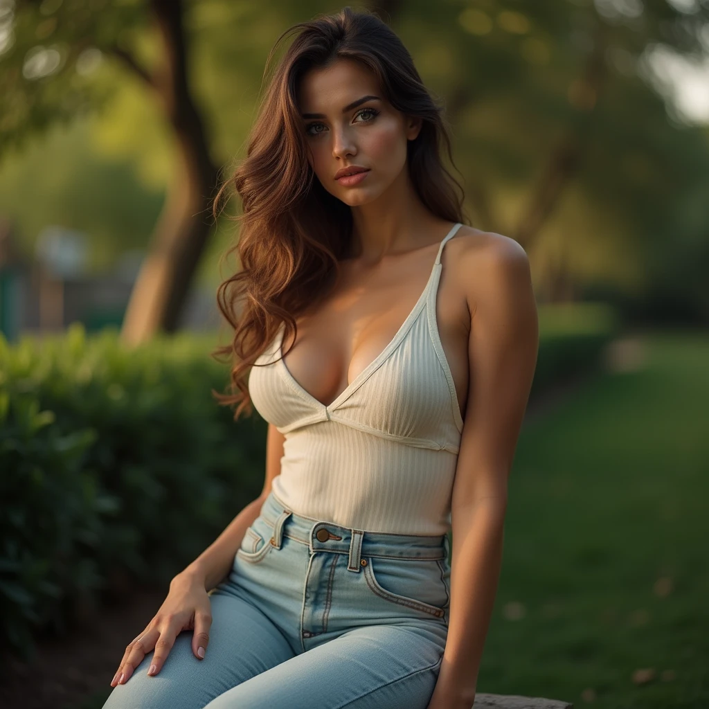 (Best quality, Height:1.3), Very detailed face and eyes, Blue-green long hair, Beautiful full body:1.2, from side, Random color shirt, Short jeans, In the park, Flowers on the table, Medium breasts((G-cup size)), ((sagging_breasts)),Revealing cleavage