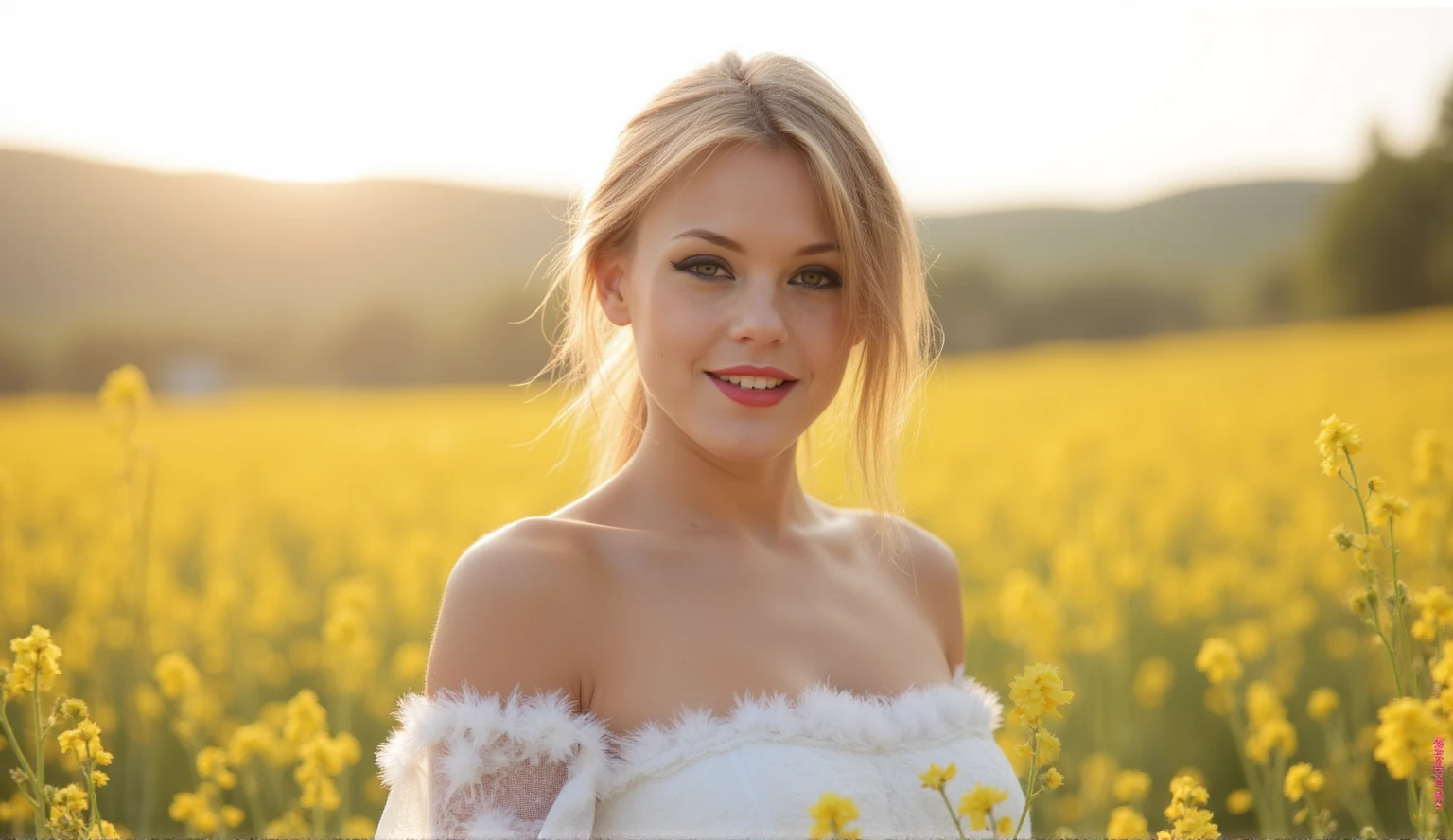 Best quality, masterpiece, award winning, ultra high resolution (photorealistic: 1.4), raw photo, young woman, white dress, bare shoulders, Spring, flowers field, glowing skin, slight smile