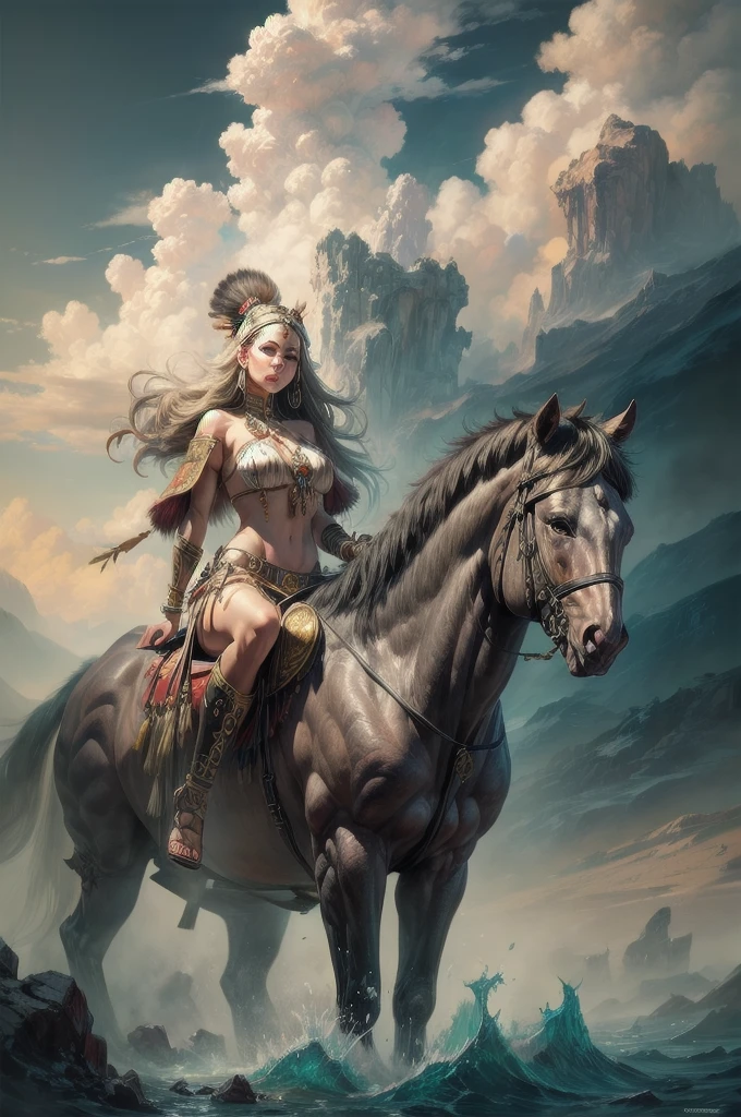 ((Tribal maiden)) amidst the remnants of an ancient civilization, facing a turbulent storm, swirling clouds, dynamic composition, painterly details, fantasy realism, captivating and dark ambiance."