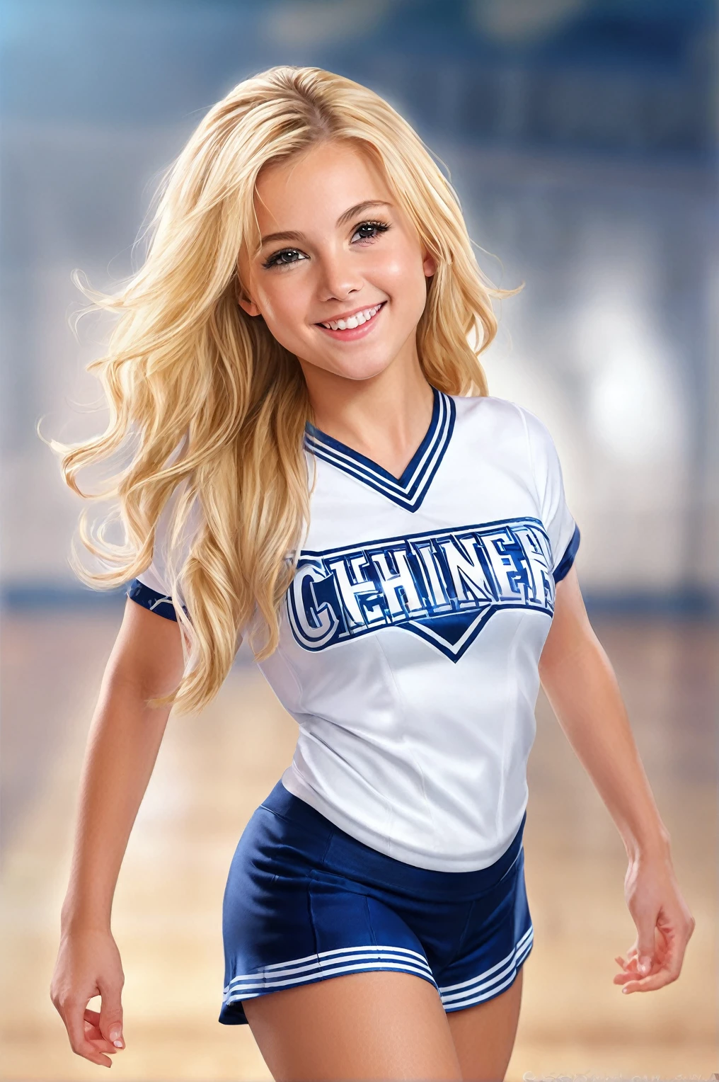 Full body picture, cheerleader,little smile,cheer leading,cheerleader uniform, (((masterpiece))), (((best quality))), ((ultra-detailed)), (illustration), ((an extremely delicate and beautiful)),(bokeh,blurry background),(best shadow), ((realistic)) 1girl, 14 y/o, white panties, blond hair, long hair, cute, shine Highlight Spot on eyes, character focus,head tilt,