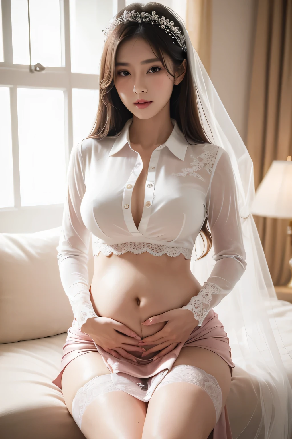 ((Best quality, 8k, Masterpiece :1.3)), Whole body, Sharp focus :1.2, A beautiful heavily pregnant 20-years old slender Asian bride walking down the aisle on her wedding, wearing a tight collared pink polo shirt with seven buttons buttoned up and a red skirt, huge breasts, bulging breasts and bulging pregnant belly, transparent bridal veil, flowers in hair. bra outline visible, prominent poking nipples under the shirt, (wedding, aisle, silk stockings), Highly detailed face and skin texture, Detailed eyes, Double eyelid, woman is weeping with tears on her face
