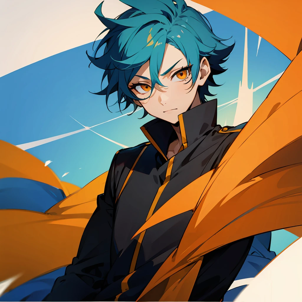 1 boy, Turquoise hair, orange eyes, black uniform, handsome, orange eye liner, high quality, high quality, detailed eyes 