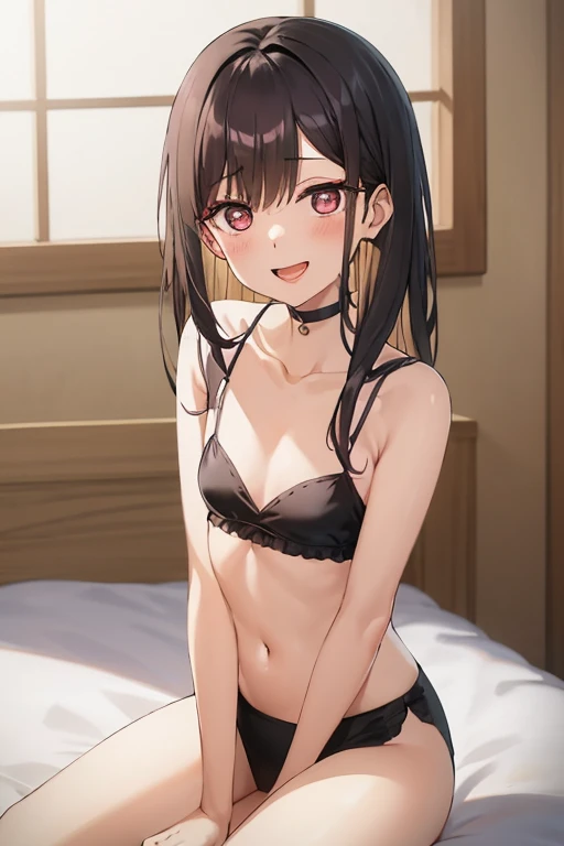 ((Best Quality)), ((masterpiece)), (be familiar with),  perfect face, indoor, bedroom,  watching viewers ,
One woman,  Kitakawa Kaiumi,
 characters with open mouth ,  ecstatic expression , blush, smile,
Small breasts,  flat chest, , ,  s, Girl,
Long Hair,  long hair ,
Leg spread,