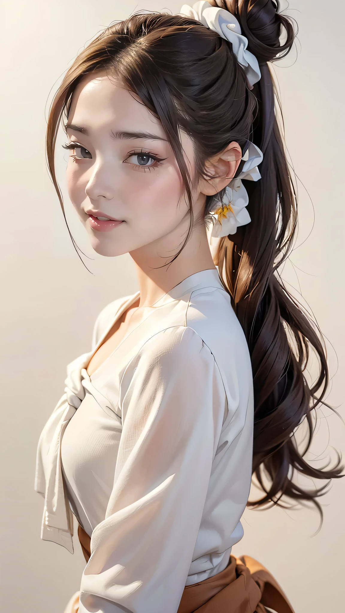 (highest quality、8K、32k、masterpiece)、(realistic)、(Photoreal:1.2)、(High resolution)、Super detailed、very beautiful face and eyes、1 girl、round and small face、thin waist、delicate body、(close、highest quality、high detail、Rich skin details)、(highest quality、8K、oil paint:1.2)、Super detailed、(realistic、realistic:1.37)、bright colors、(((brown hair)))、(((bust shot)))、(((long ponytail hair)))、(((I tie my hair in a bun with a floral scrunchie)))、(((pure white wall background)))、(((pure white wall background)))、(((I'm an OL)))、(((She has a happy expression)))、(((I&#39;laughter)))、(((Wearing a pink blouse)))、(((look straight ahead)))、(((brown hair)))、(((I have brown hair)))、(((the skirt is short)))、(((I have a stylish bag)))