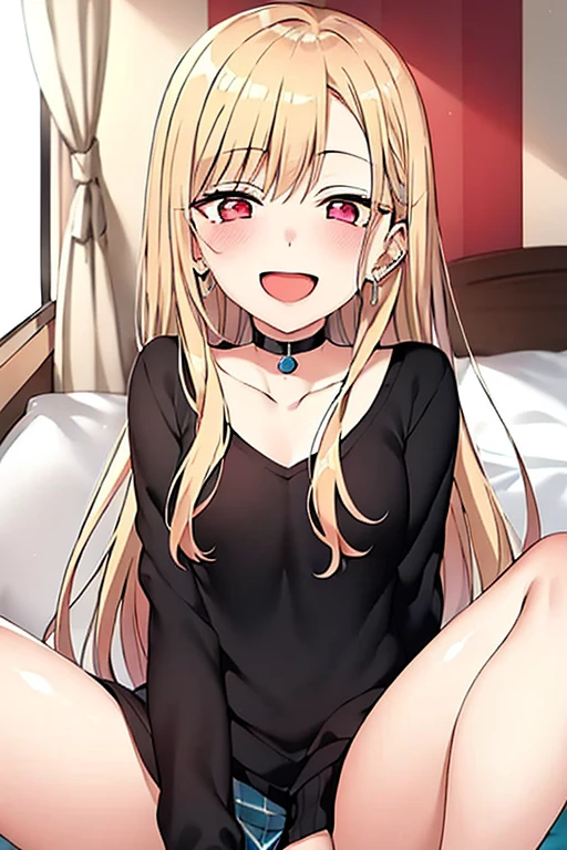 ((Best Quality)), ((masterpiece)), (be familiar with),  perfect face, indoor, bedroom,  watching viewers ,
One woman,  Kitakawa Kaiumi,
 characters with open mouth ,  ecstatic expression , blush, smile,
Small breasts,  flat chest, , ,  s, Girl,
Long Hair,  long hair ,
Leg spread,