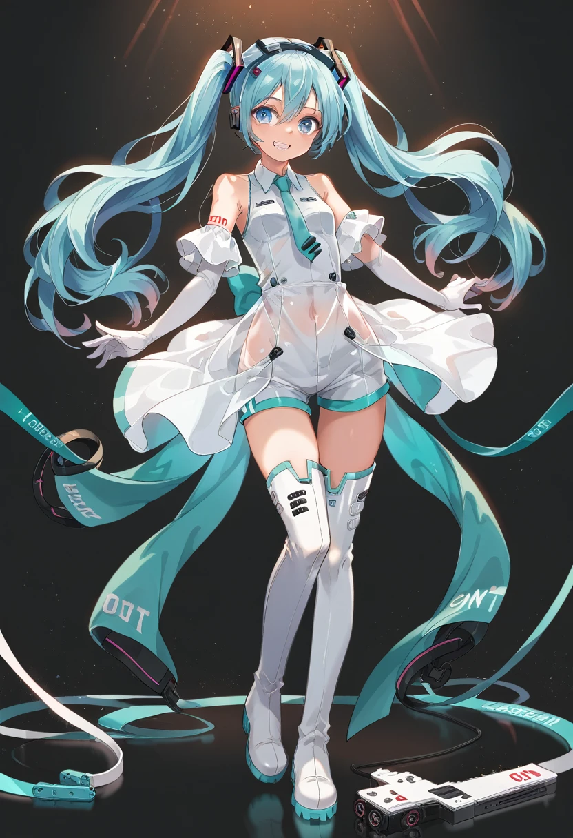  good smile_racing vocaloid hinsune_Miku racing_Miku racing_Miku_(2012) official_art second-_source one girl aqua_Light blue eyes_Hair bare_ shoulders black _shoes boots clothing_cutout cube dress elbow_gloves floining_hair_side full_bodygloveshair_decoration hand_in_own_hair headpiece high_all_boots high_alls length_ hair looking _in_ viewermicroskirtmidrefnabletieopenstretch_militarization_queensee-through_dresssee-through_tie short_tie shorts shorts_Down_skirtsimple_backgroundskirtsmilesolosplitcolor_clothesstanding stomach_cutout teeth thigh_boots twintails top_teeth_onlyvery_length_Her hair is white._Background white_White shoes _glovesnipplesmasterpiece, Best Quality