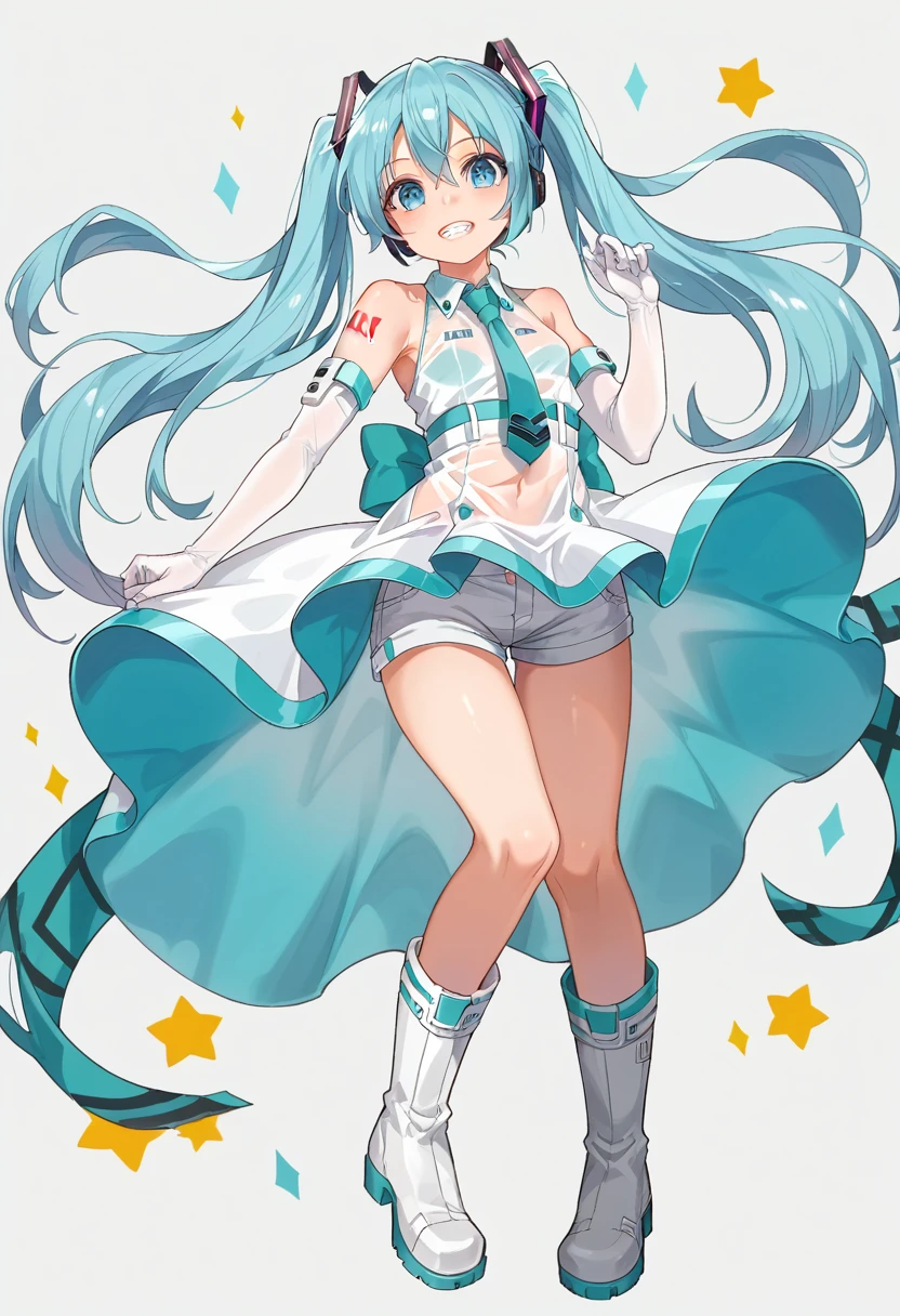  good smile_racing vocaloid hinsune_Miku racing_Miku racing_Miku_(2012) official_art second-_source one girl aqua_Light blue eyes_Hair bare_ shoulders black _shoes boots clothing_cutout cube dress elbow_gloves floining_hair_side full_bodygloveshair_decoration hand_in_own_hair headpiece high_all_boots high_alls length_ hair looking _in_ viewermicroskirtmidrefnabletieopenstretch_militarization_queensee-through_dresssee-through_tie short_tie shorts shorts_Down_skirtsimple_backgroundskirtsmilesolosplitcolor_clothesstanding stomach_cutout teeth thigh_boots twintails top_teeth_onlyvery_length_Her hair is white._Background white_White shoes _glovesnipplesmasterpiece, Best Quality