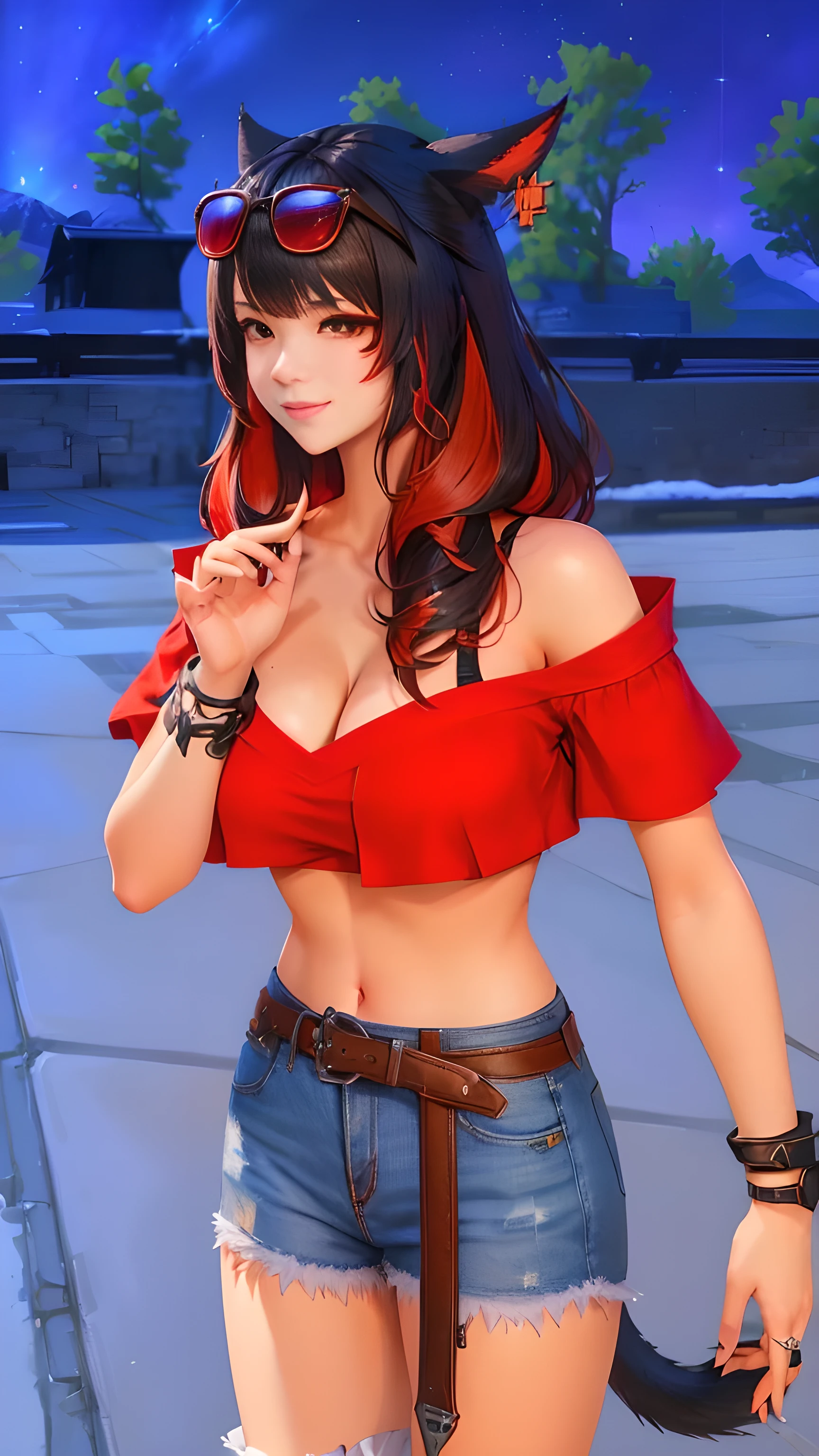 a girl with a cat ear and a red top wearing red sunglasses on head, final fantasy 14 style, style of final + fantasy + 14, final fantasy 14 screenshot, style game square enix, black red - haired Miqo'te, mmorpgs scene, beautiful screenshot, women with cute smile, charater from final Fantasy 14,a cute cat girl, female with cat ear, hand on the hips, female Miqote, alluring mesmer woman, close up half body shot, full body close-up shot, black hair with red highlights hair, elegant waves hairstyle, swept bangs, soft light, high detailed, 4k resolution, high quality, masterpiece、top-quality、(highly detailed),

