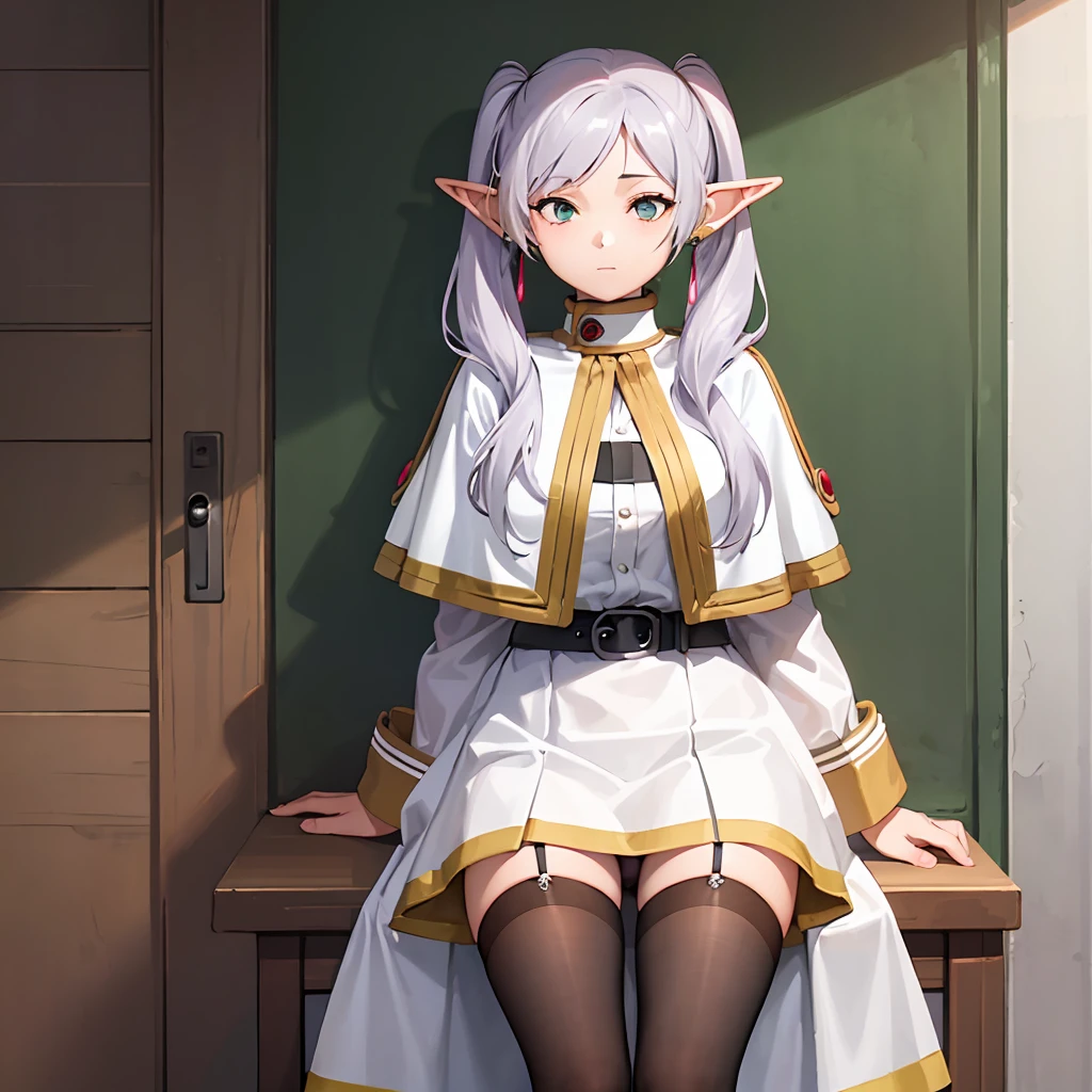  1 girl,  twin tails,  very long hair ,  silver hair,  pointed ears, Elf,  white capelet, green eyes,  Black Pantyhose ,  earrings for a woman alone, White Skirt, belt, White sleeves、((( skirt raised:1.3、Panty shot:1.3)))