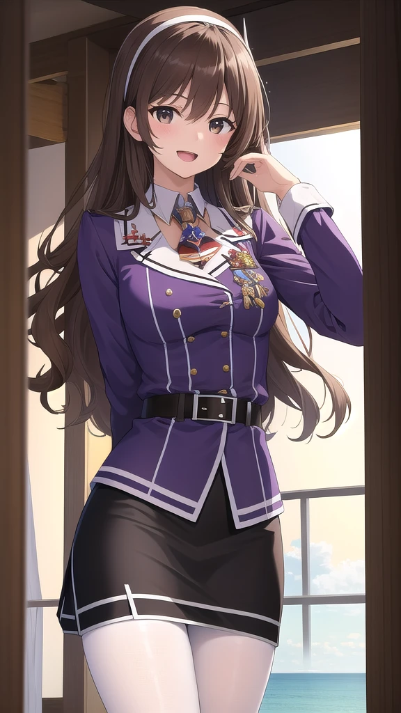 ((masterpiece)),(best quality),official art,extremely detailed CG,unity 8k wallpaper,ultra detailed,A lighthouse on a cliff by the sea,1girl,solo,cowboy shot,long_hair,brown_hair,purple_jacket,pencil_skirt,black_skirt,white_pantyhose,white_gloves,wavy_hair,brown_eyes,white_hairband,long_sleeves,smile,belt,looking_at_viewer,military_uniform,open_mouth,