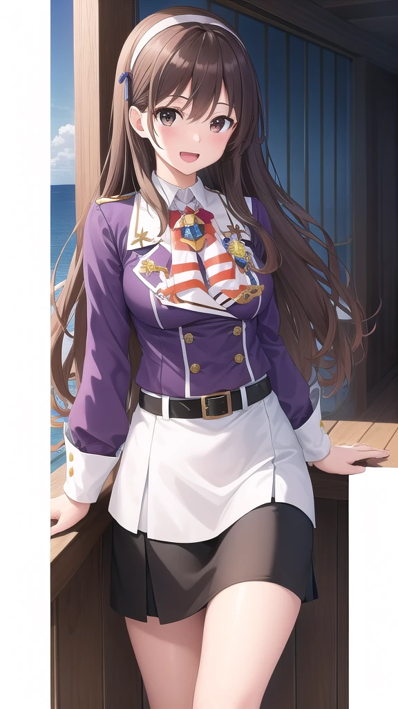 ((masterpiece)),(best quality),official art,extremely detailed CG,unity 8k wallpaper,ultra detailed,A lighthouse on a cliff by the sea,1girl,solo,cowboy shot,long_hair,brown_hair,purple_jacket,pencil_skirt,black_skirt,white_pantyhose,white_gloves,wavy_hair,brown_eyes,white_hairband,long_sleeves,smile,belt,looking_at_viewer,military_uniform,open_mouth,