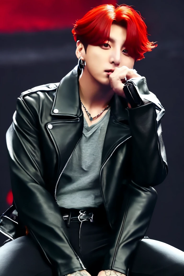 Jungkook is sitting on stage, staring at the audience, His hair is  red in color, shoulder length, he is wearing a black leather jacket with black jeans, 8k realism