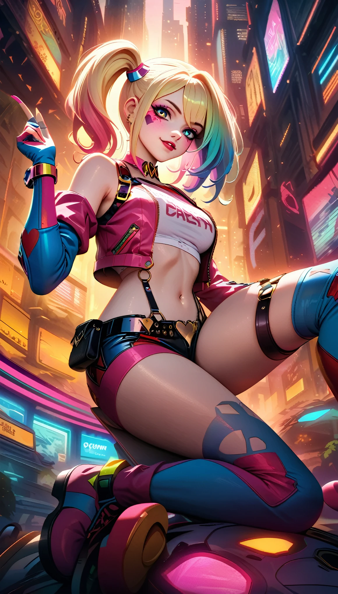 ((top-notch quality)), ((masterwork)), Subject: Cyberpunk Harley Quinn, Action: Smoking cannabis goodness, Artist: Louis Wain, Style: Cyberpunk, Cannabis-inspired, DMT, Artegem, Medium: Digital Rendering, Category: Comic Book Art, Color Palette: Vibrant, Cyberpunk, Cannabis-inspired, DMT, Digital Graphics: Ethereal Patterns, Transcendence, Resolution: High-Res, Positive Prompt: Create a ((top-notch quality)), ((masterwork)), ((true-to-life)) digital rendering that features the iconic character Harley Quinn from DC in a captivating cyberpunk setting. Illustrate her enjoying cannabis goodness while seamlessly incorporating elements of the cyberpunk, cannabis-inspired, DMT, Artegem, and chiaroscuro styles. Employ Louis Wain's artistic vision to construct the environment. Pay meticulous attention to high levels of detail and vibrant colors, infusing the composition with the essence of cyberpunk aesthetics. Include cannabis-inspired and DMT elements to create an ethe, Chiaroscuro, 4K, 4K, 1080P