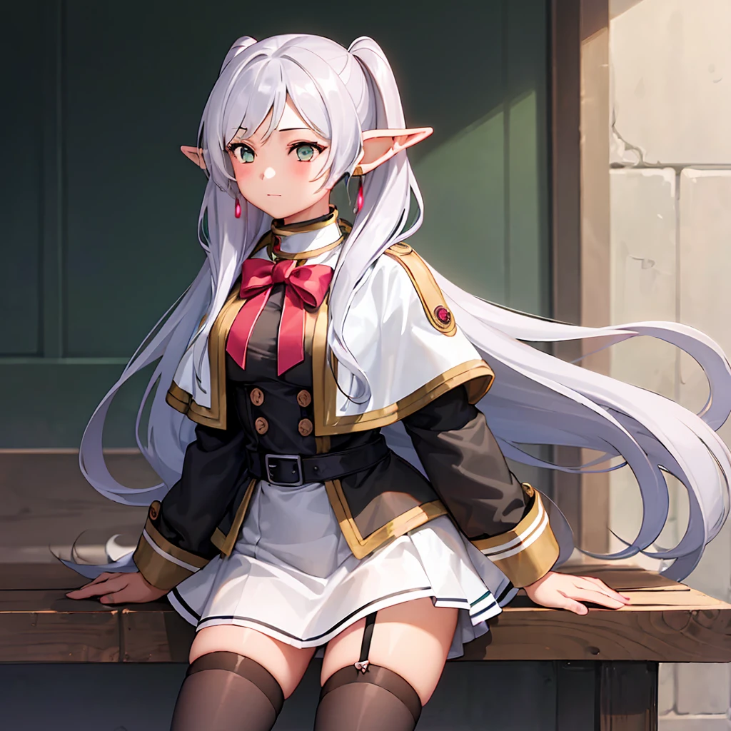  1 girl,  twin tails,  very long hair ,  silver hair,  pointed ears, Elf,  white capelet, green eyes,  Black Pantyhose ,  earrings for a woman alone, White Skirt, belt, White sleeves、((( skirt raised:1.3、Panty shot:1.3)))、Thighs