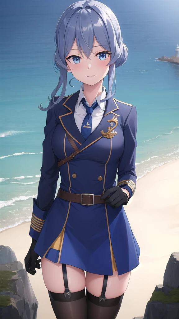 ((masterpiece)),(best quality),official art,extremely detailed CG,unity 8k wallpaper,ultra detailed,A lighthouse on a cliff by the sea,1girl,solo,cowboy shot,half_gloves,mole_under_eye,blue_hair,long_hair,military_uniform,blue_eyes,white_gloves,single_hair_bun,blue_skirt,blue_sailor_collar,black_necktie,collared_shirt,medium breasts,long_sleeves,hair_between_eyes,thigh_strap,rudder_footwear,looking_at_viewer,smile,black_neckerchief,blue_thighhighs,belt,