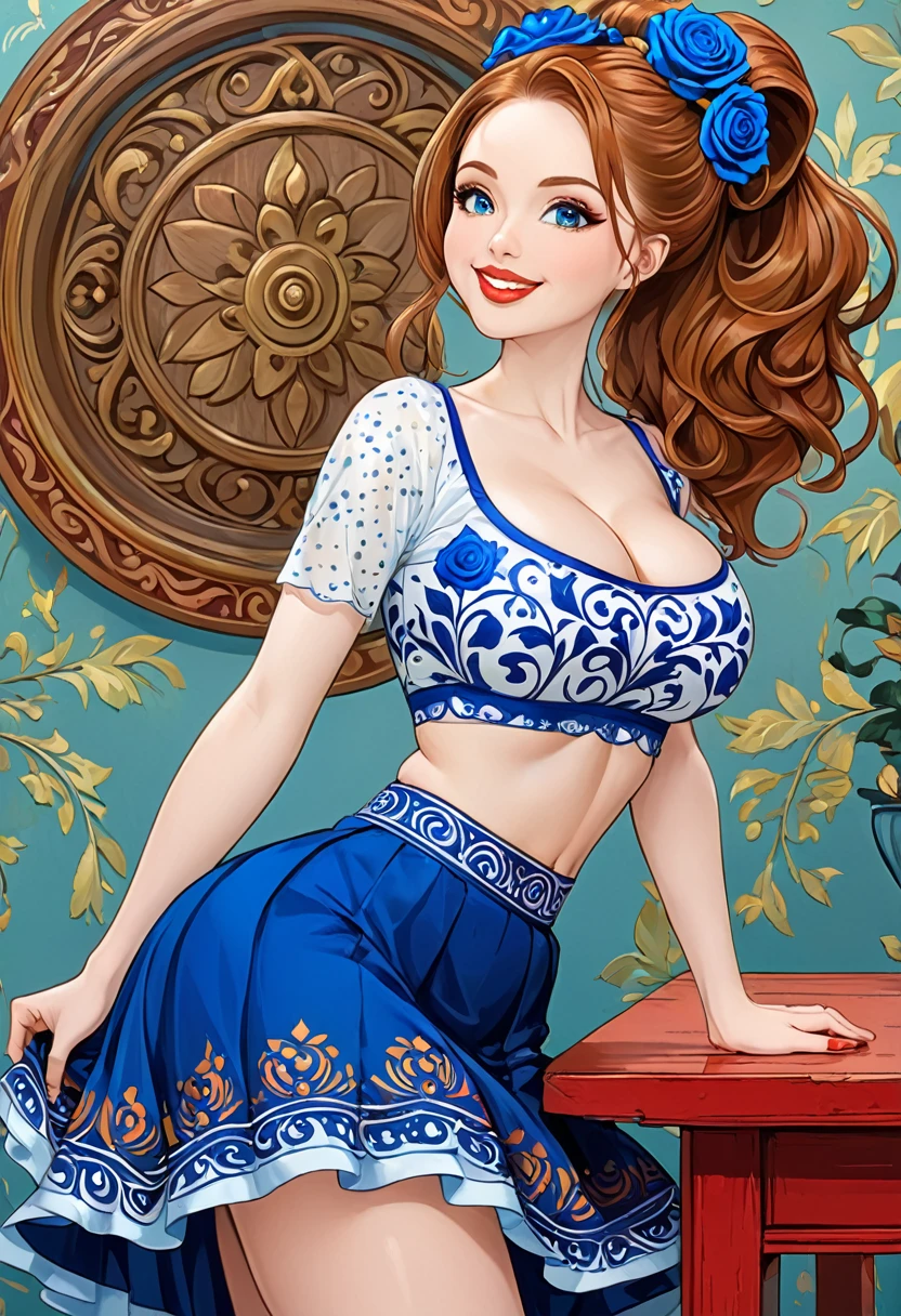 Balerina Gracefully Balanced On One Foot, Honey Brown Hair, Very Long Hair, Chignon, Crop Top. Leaning over table Provocatively, Messy Hair, Pale Skin, Red Lips, Skirt Wth Woodcut Patterns, Crop Top Wth Blue Rosemaled Designs. Midriff Wide Smile, Eyes Detailed & Wide,Dynamic Pose. Ultra HD, Rococo-Inspired Fantasy Art With Intricate Details. Cute, Charming Expression, Alluring-Gaze, Beautiful Eyes, An-Ideal-Hourglass-Figure. Large Youthful Well-Shaped-Breasts, Large round attractive ass. Massive-Round-breasts Décolletage. Full Length Side Profile. Digital Painting, Intricate Details. A spectacular mash up of Anna Poppelwell and Molly Quinn