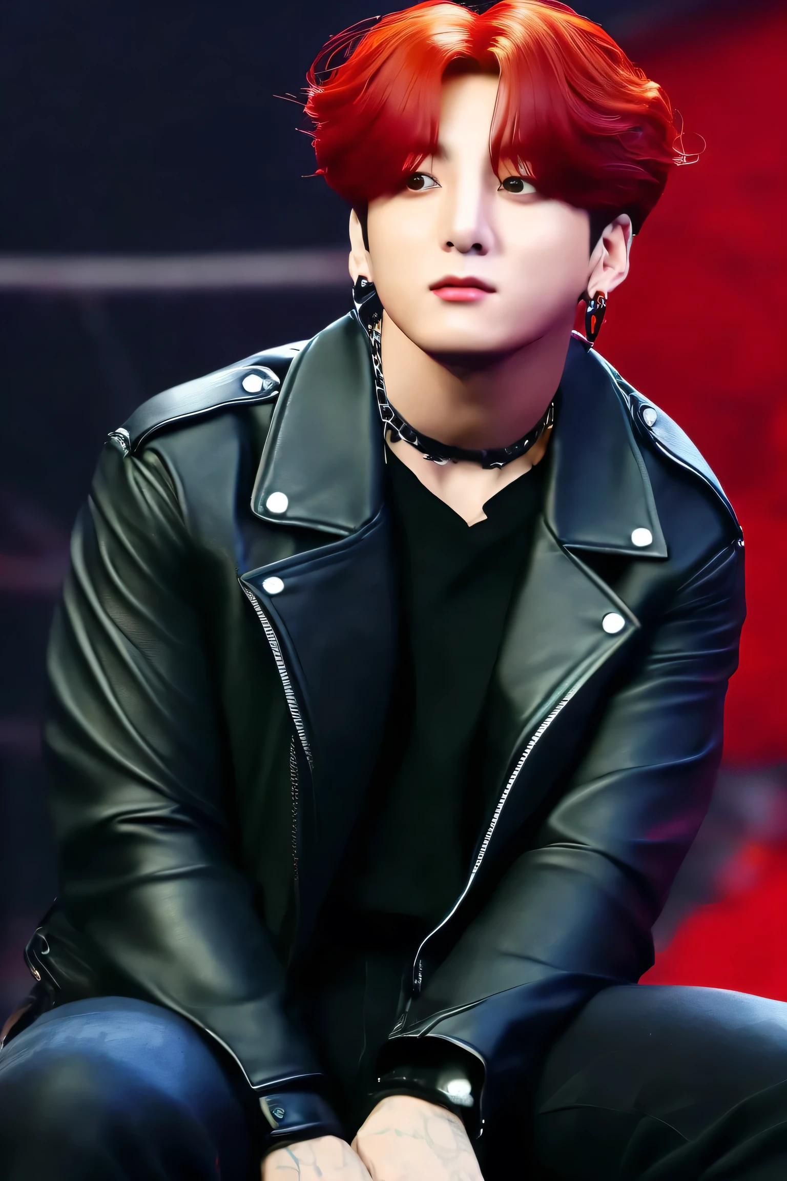 Jungkook is sitting on stage, staring at the audience, His hair is  red in color, shoulder length, he is wearing a black leather jacket with black jeans, 8k realism