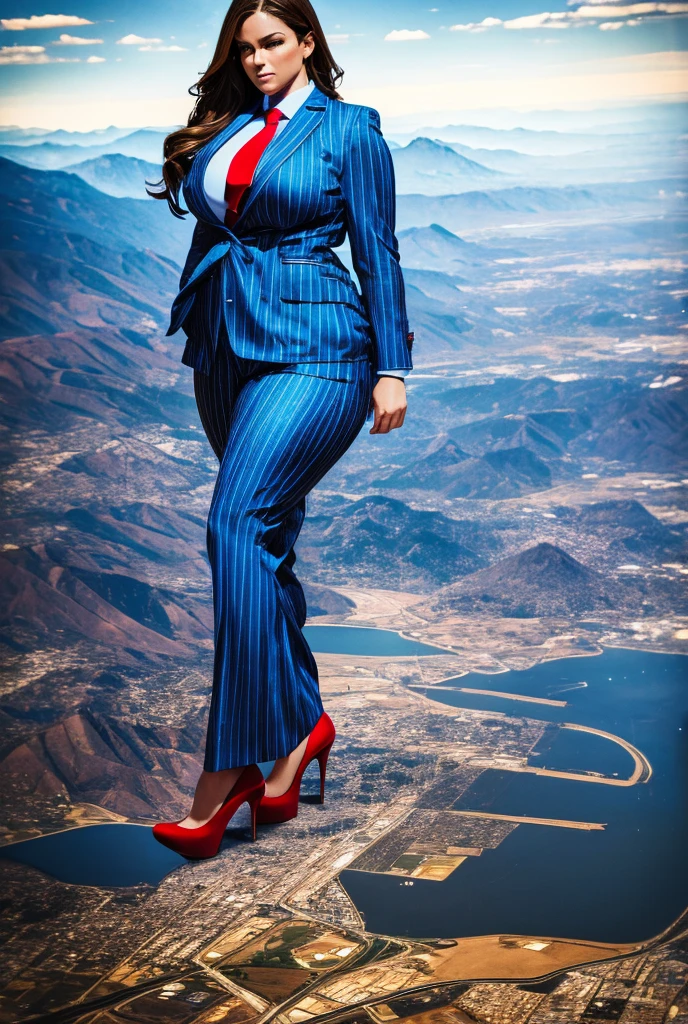 A sophisticated and stylish woman in a light blue pinstriped trouser suit, white shirt, and a large wide red necktie in a windsor knot, with a beautiful, curvaceous figure, massive breasts, and long brown hair, with a curvaceous figure and massive breasts. wearing rounded platform high heels with uncovered feet and laying down, rampage-like pose, with a cityscape background of mega-city, urban sprawl, and small towns, giant montains, partially obscured by a hazy, cloudy atmosphere. The image is a high-resolution, masterpiece-quality, cinematic, ultra-detailed, and hyper-photorealistic photograph, with perfect hands, face, and lighting. ultra-detailed, 8K, photo-realistic, hyper-realistic, masterpiece, intricate details, full body view. Looking at camera, The image is a high-resolution, masterpiece-quality, cinematic, ultra-detailed, and hyper-photorealistic photograph, with perfect hands, face, and lighting. ultra-detailed, 8K, photo-realistic, hyper-realistic, masterpiece, intricate details, full body view