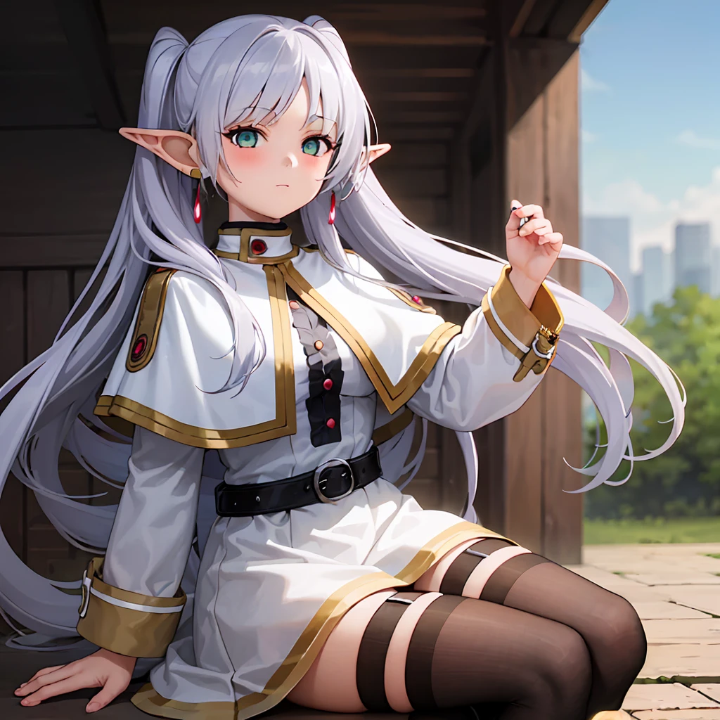  1 girl,  twin tails,  very long hair ,  silver hair,  pointed ears, Elf,  white capelet, green eyes,  Black Pantyhose ,  earrings for a woman alone, White Skirt, belt, White sleeves、((( skirt raised:1.5、Panty shot:1.3)))、Thighs