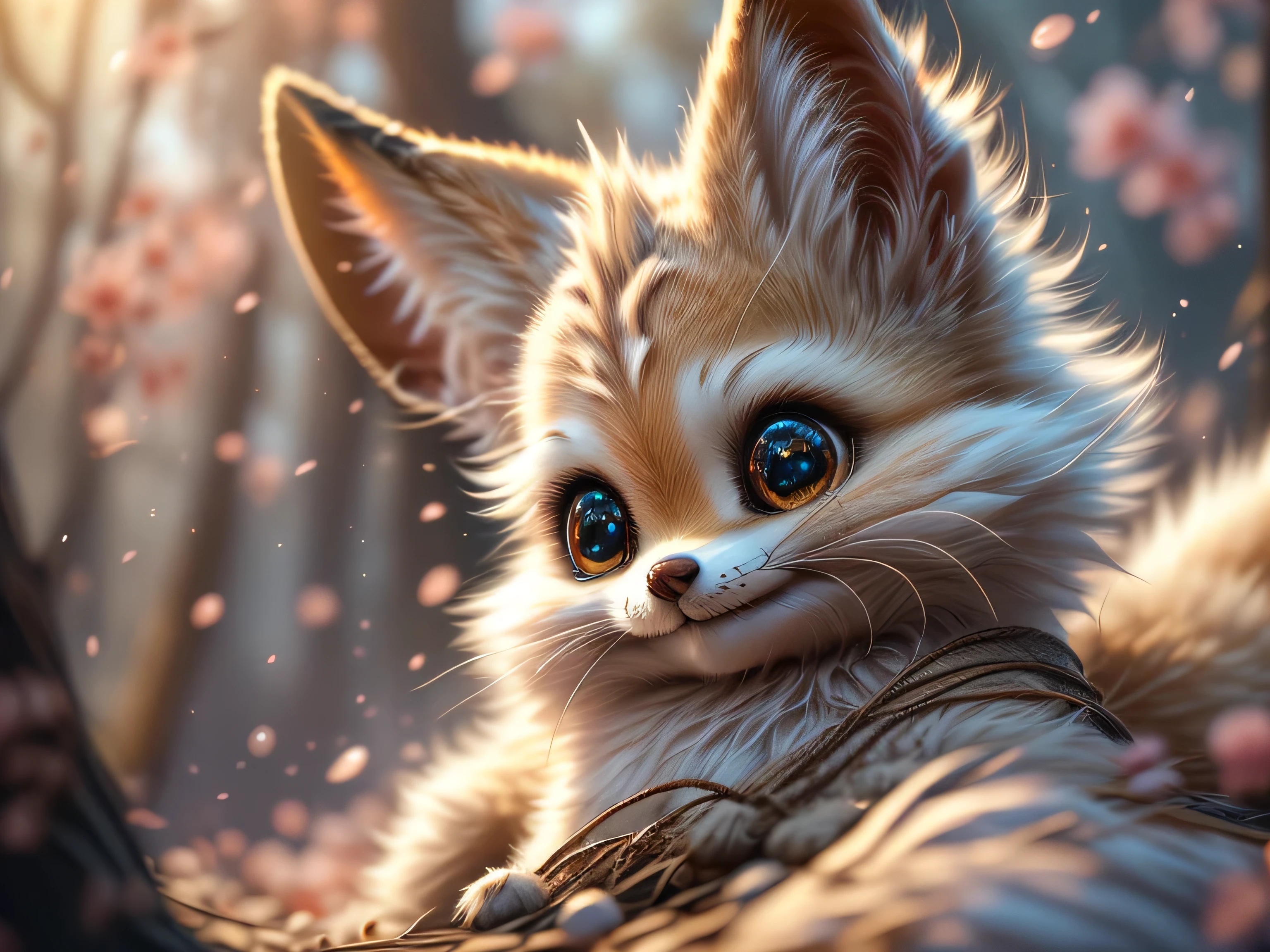 Magical Fantasy Creature, (Best Quality, Masterpiece, Representative Work, Official Art, Professional, Ultra Fine Detail, 8k:1.3), (Photorealism:1.2), Fox Spirit, Super Cute, Big Eyes, Soft, Delicate Nose, Fluffy, Two-Toothed Smile, Cute Fennec Fox Ghost, Realistic, Beautiful, Sparkling, Stars in Eyes, Star Pearl, Fox Lights, Soft Volumetric Light, (Backlight:1.3), (Cinematic:1.2), Intricate Details, (ArtStation:1.3), --auto --s2