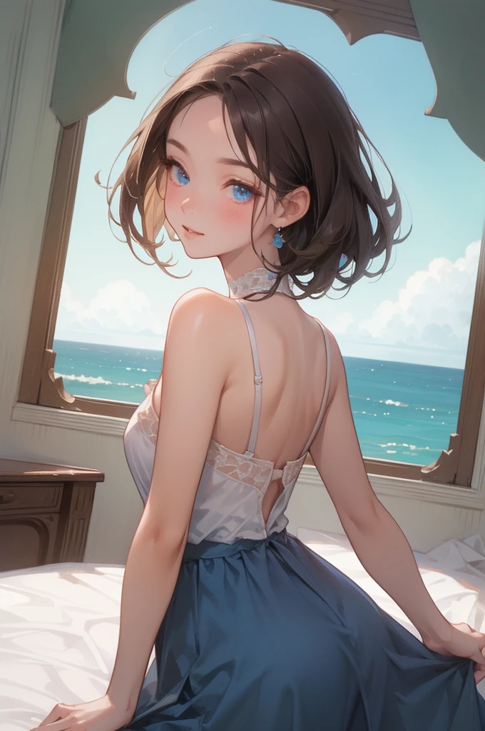  very cute and beautiful girl standing near the window、( blue summer dress with a floral pattern with fine ruffles )、 Sleeveless、Fine lace、(Raise your skirt 、 white panties)、( very fine beautiful face )、 antique hotel bedroom with a view of the outside 、Distant Tree々and the sea、 cowboy shot、smile、blush、Looking at viewer、(((  wavy dark hair 、  blue eyes)))、(Best Quality、masterpiece:1.2)、 absurd、 high definition、Super detailed、 very detailed、32K、8k resolution、 intricate details 、 Movie scene 、 detailed background、solo、 dynamic angle 、Natural lighting、Particles of light、beautiful fine sky 、( real)、