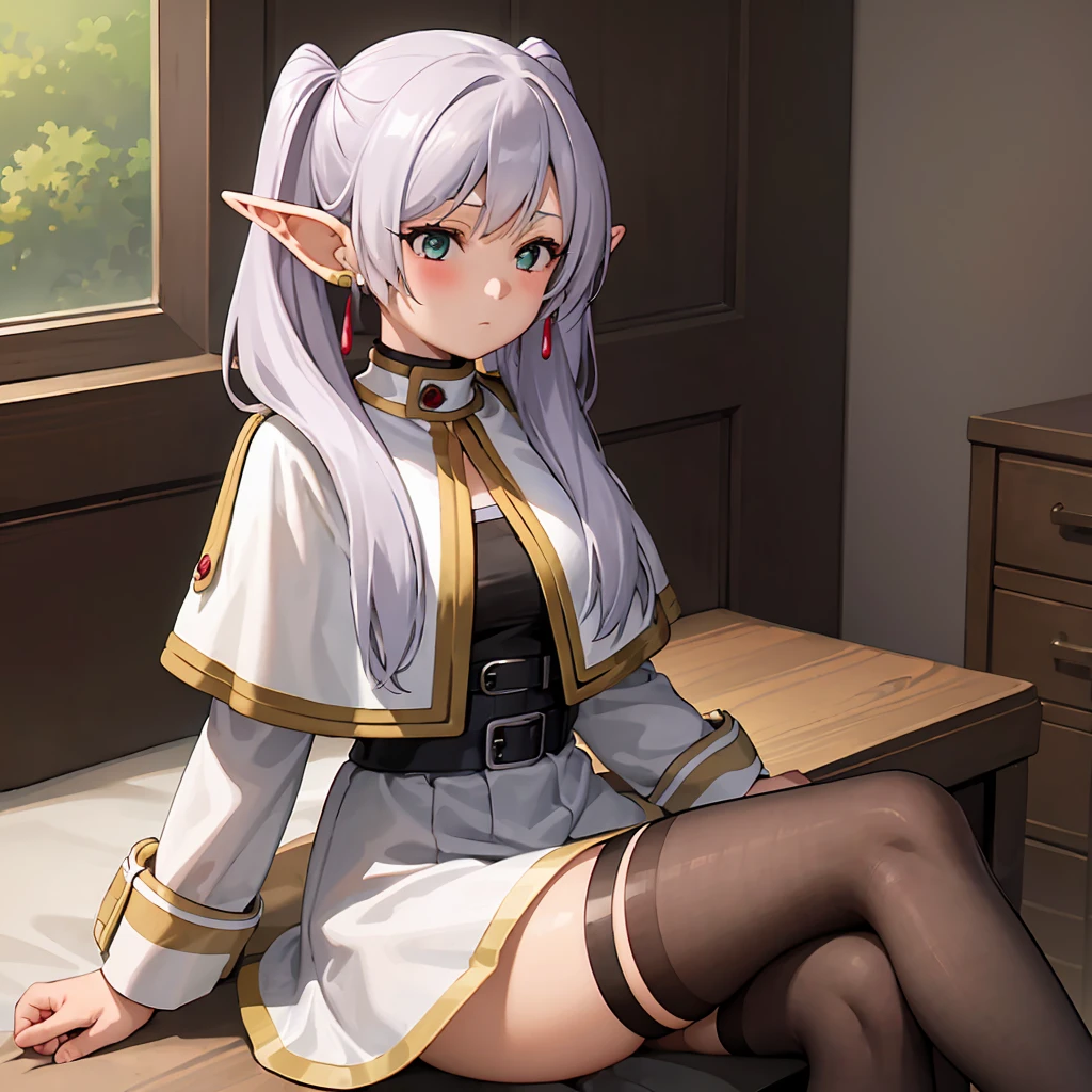  1 girl,  twin tails,  very long hair ,  silver hair,  pointed ears, Elf,  white capelet, green eyes,  Black Pantyhose ,  earrings for a woman alone, White Skirt, belt, White sleeves、((( skirt raised:1.5、Panty shot:1.3)))、Thighs、sit、 open your legs wide