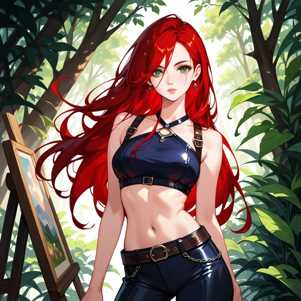 masterpiece,(best quality,top quality,8k),ultra detailed,illustration,painting,detailed eyes and face,1girl,katarina,scar eye, red hair, (crop top) , lips,belt, armor, pants, pretty girl, beauty skin, ultra high res, raw photo , detailed body , (looking at viewer ),(puffy eyes) ,good contrast , high sharpness,(gorgeous),realistic,RAW Photography,(hyperdetailed:1.2)