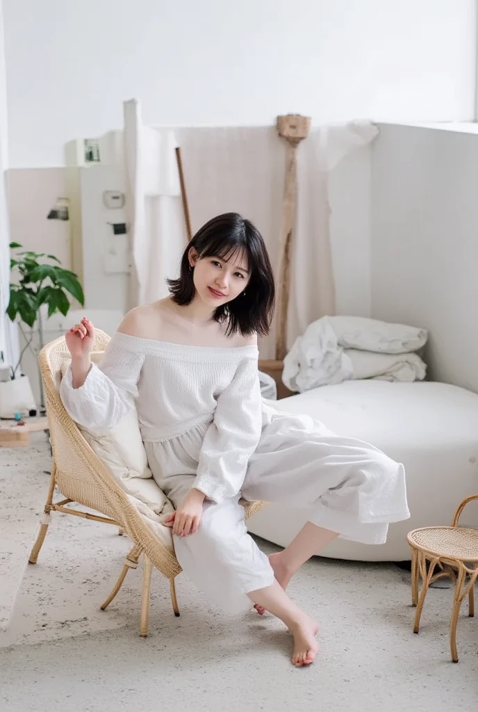 biologically very correct、Two arms、Two legs、One woman、Wearing off-the-shoulder mini one-piece pajamas, I'm sitting in a bearded pose with my knees bent and my knees spread out and looking at me, Slender barefoot display 、smile、The background is a monotone 

