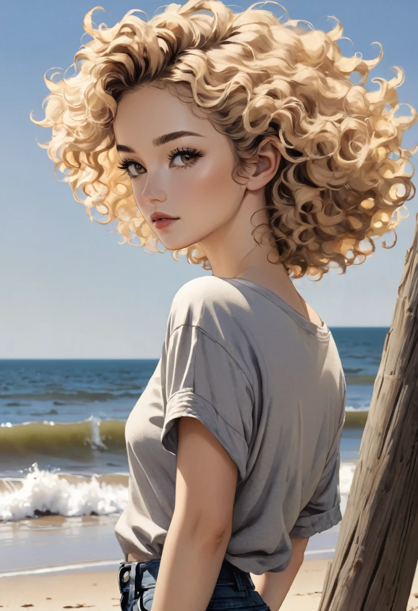 3/4 shot, looking at viewer from side,  Wabi Sabi, woman, sultry, Skin: Fair Hair: Short curly blond, Eyes: Dark brown average-sized, Height: Very tall, Weight: A bit pudgy Build: Average, boat-neck T-shirt over jeans, on the beach,