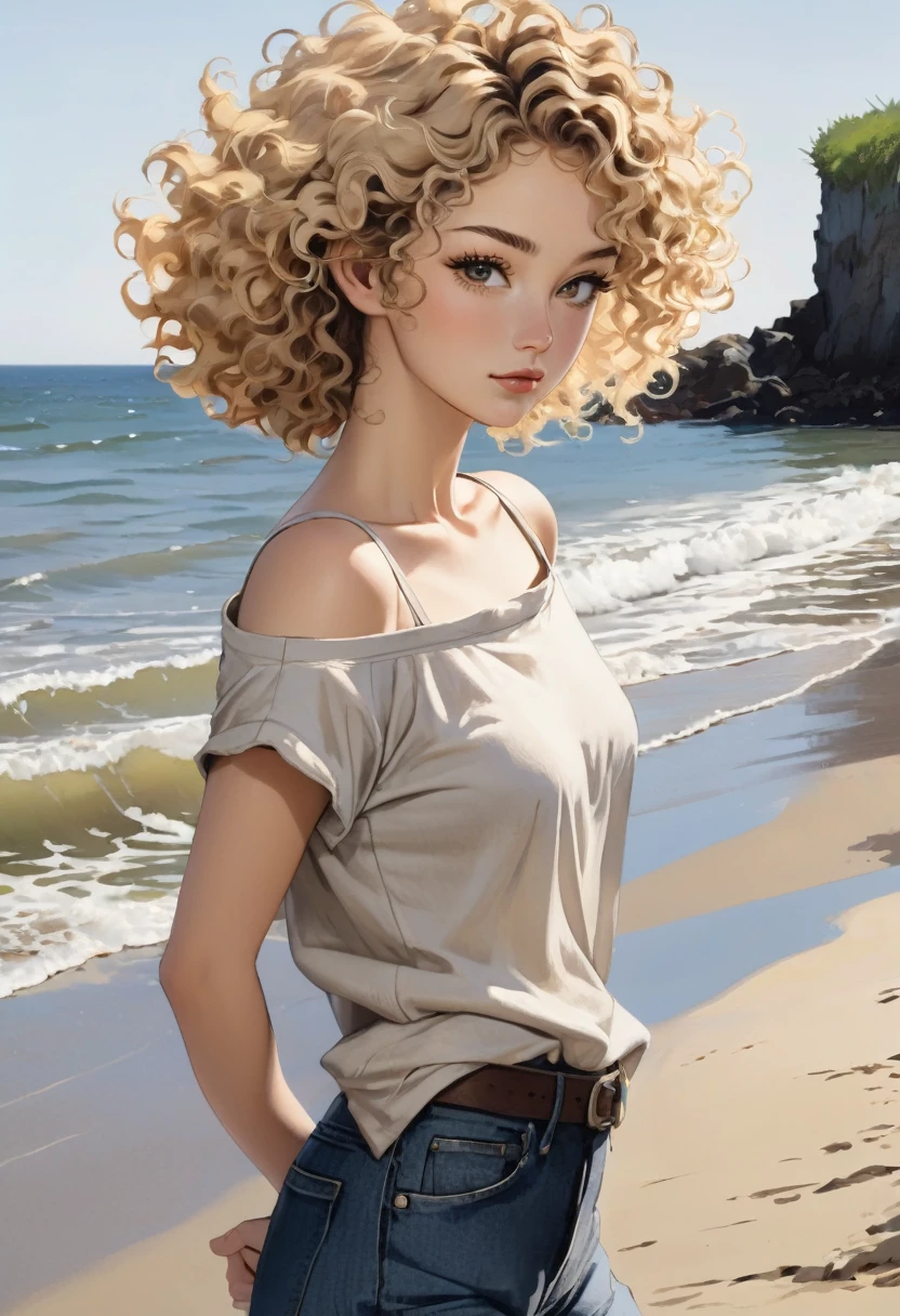 3/4 shot, looking at viewer from side,  Wabi Sabi, woman, sultry, Skin: Fair Hair: Short curly blond, Eyes: Dark brown average-sized, Height: Very tall, Weight: A bit pudgy Build: Average, boat-neck T-shirt over jeans, on the beach,