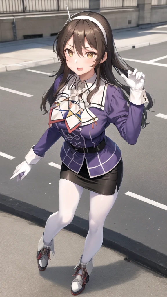 1girl, solo,
ashigara \(kancolle\), fang,
military uniform, white hairband, purple jacket, neckerchief, white gloves, black belt, black skirt, miniskirt, pencil skirt, white pantyhose, grey footwear, high heels,
outdoors,