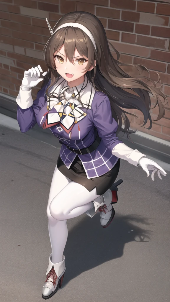 1girl, solo,
ashigara \(kancolle\), fang,
military uniform, white hairband, purple jacket, neckerchief, white gloves, black belt, black skirt, miniskirt, pencil skirt, white pantyhose, grey footwear, high heels,
outdoors,