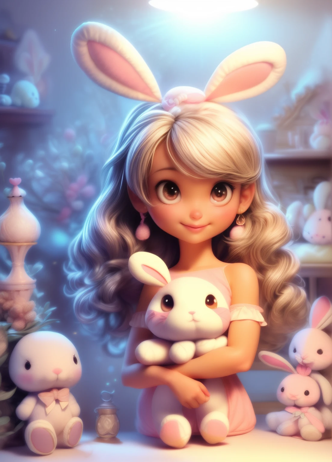 cute girl, beautiful girl, adorable girl, stuffed bunny, white stuffed bunny, soft stuffed bunny, girl hugging stuffed bunny, girl cuddling stuffed bunny, girl holding stuffed bunny, cute expression, happy expression, warm lighting, natural light, soft colors, pastel colors, cinematic lighting, photorealistic, highly detailed, masterpiece, 8k, cinematic quality, portrait shot